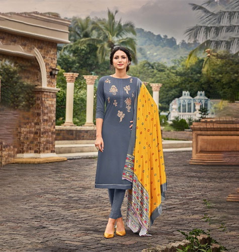 Grey & Yellow Embroidered Unstitched Dress Material